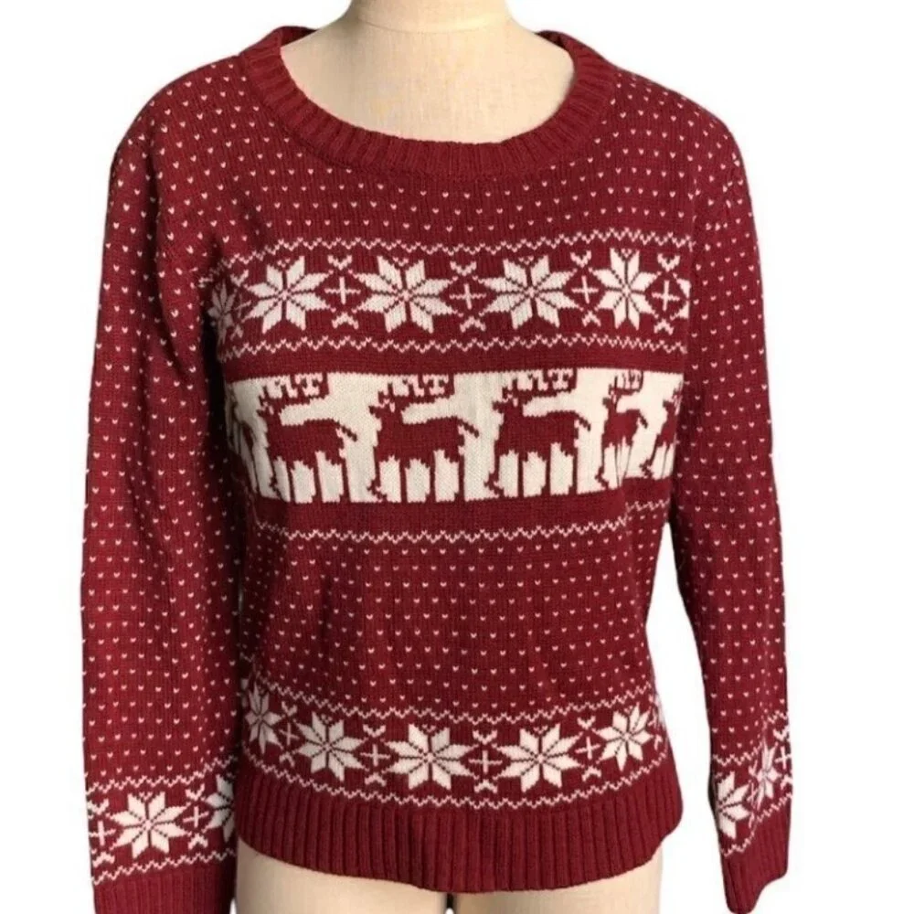 POL Maroon/Burgundy Red Reindeer Snowflake Fair Isle Sweater Sz L #216H - Picture 2 of 10